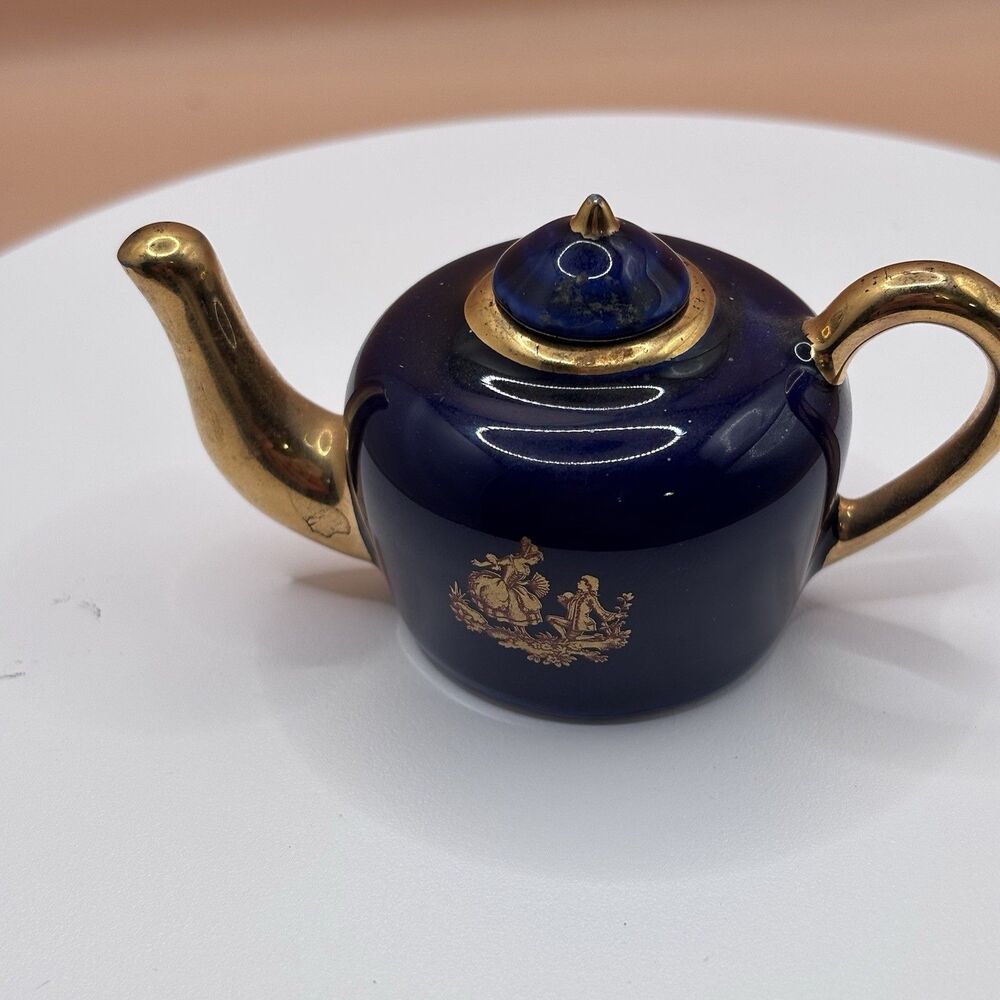 Limoges France Miniature Porcelain Cobalt Blue Gold Trimmed Tea Pot Vintage